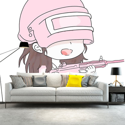 Cool Warrior Girl Mural Wallpaper for Children Bedroom, Pink, Custom Size Available Pink Clearhalo 'Wall Decor' 'Wall Mural' 1171702