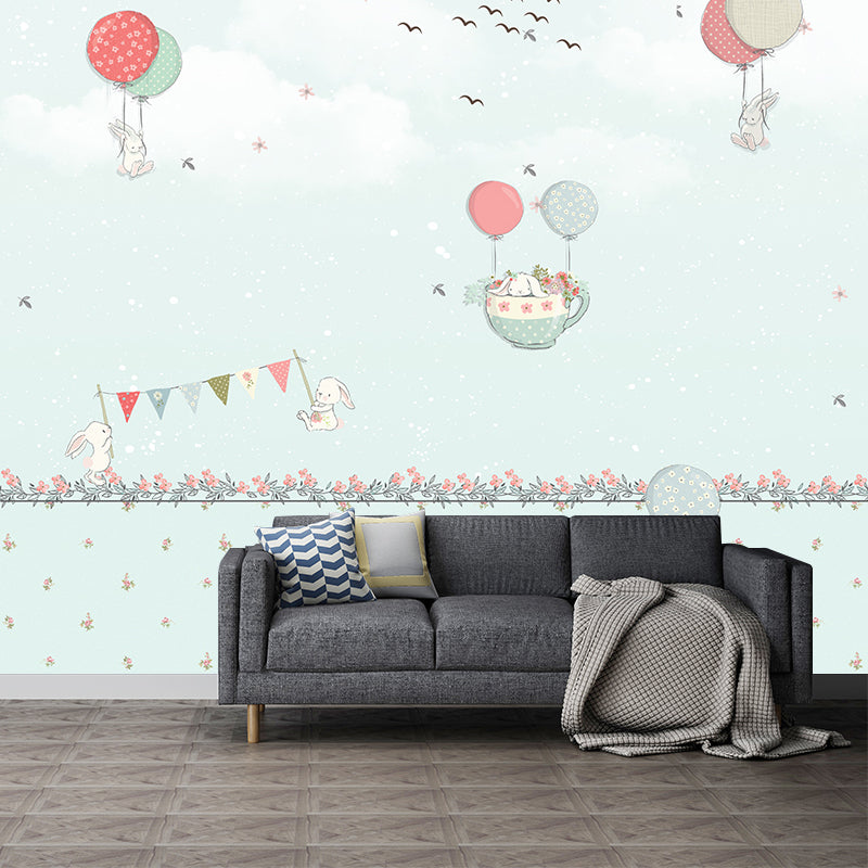 Pastel Color Cartoon Wallpaper Mural Full Size Rabbits Balloon Trip Pattern Wall Art for Nursery Blue Clearhalo 'Wall Decor' 'Wall Mural' 1171732