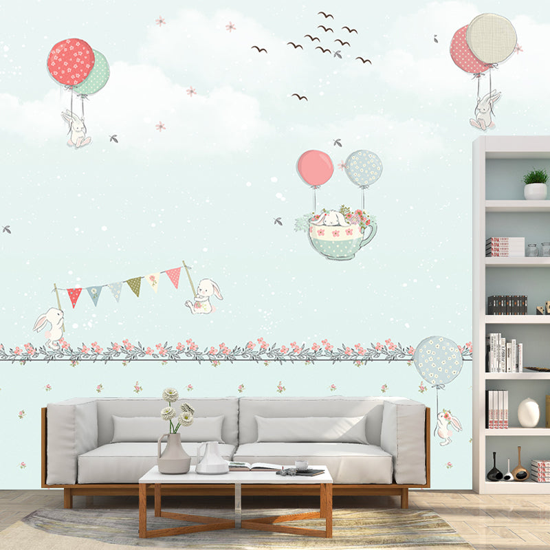 Pastel Color Cartoon Wallpaper Mural Full Size Rabbits Balloon Trip Pattern Wall Art for Nursery Clearhalo 'Wall Decor' 'Wall Mural' 1171733