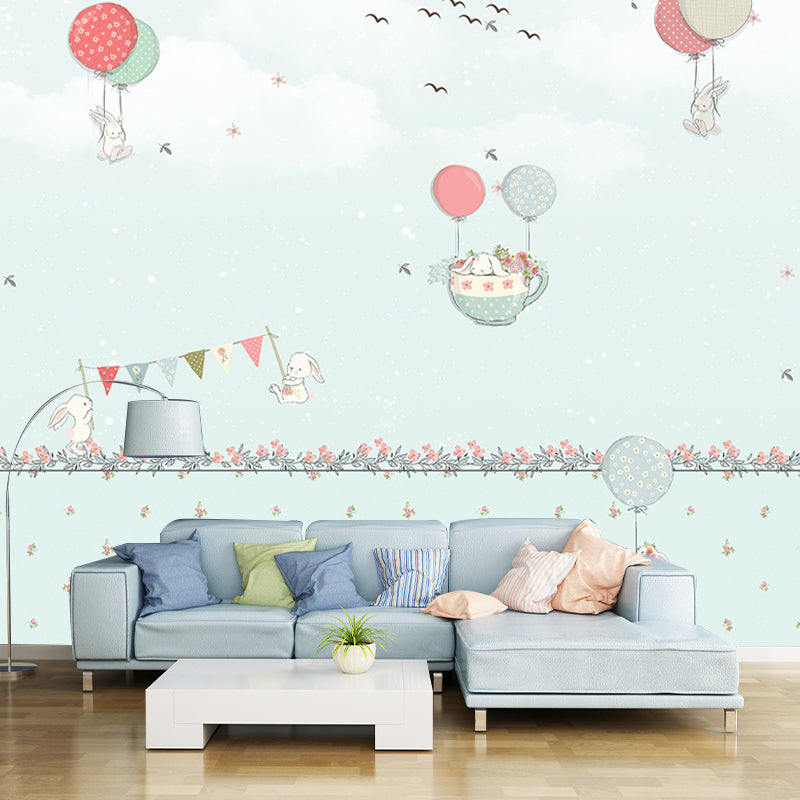 Pastel Color Cartoon Wallpaper Mural Full Size Rabbits Balloon Trip Pattern Wall Art for Nursery Clearhalo 'Wall Decor' 'Wall Mural' 1171734