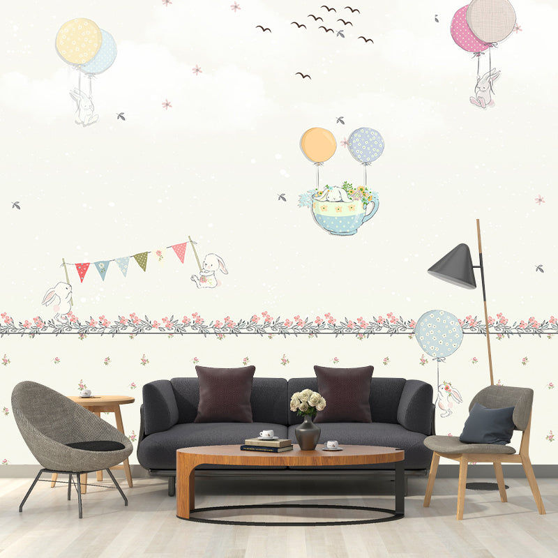 Pastel Color Cartoon Wallpaper Mural Full Size Rabbits Balloon Trip Pattern Wall Art for Nursery Yellow Clearhalo 'Wall Decor' 'Wall Mural' 1171737