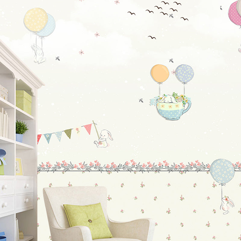 Pastel Color Cartoon Wallpaper Mural Full Size Rabbits Balloon Trip Pattern Wall Art for Nursery Clearhalo 'Wall Decor' 'Wall Mural' 1171739