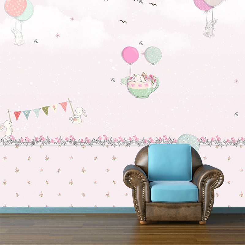 Pastel Color Cartoon Wallpaper Mural Full Size Rabbits Balloon Trip Pattern Wall Art for Nursery Pink Clearhalo 'Wall Decor' 'Wall Mural' 1171742