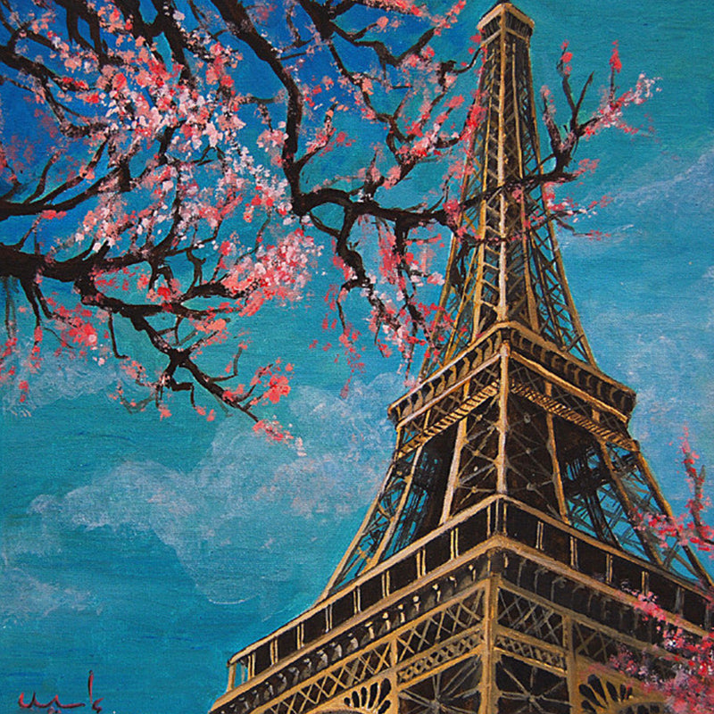 Custom Illustration Modern Mural Pink-Blue Cherry Blossom and Elf Tower Wall Covering for Home Clearhalo 'Wall Decor' 'Wall Mural' 1172480