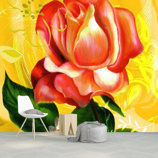 Modernist Rose Wall Paper Murals Pink and Yellow Flower Wall Art for Bedroom Decor