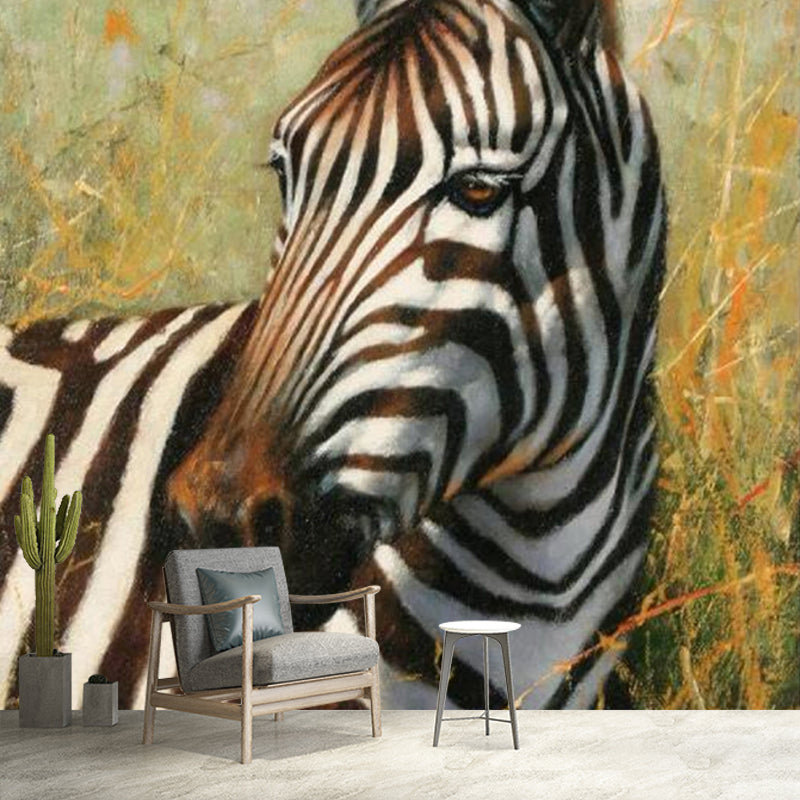 Zebra Head Close-Up Mural Black and White Contemporary Wall Covering for Bedroom Black-White Clearhalo 'Wall Decor' 'Wall Mural' 1172520