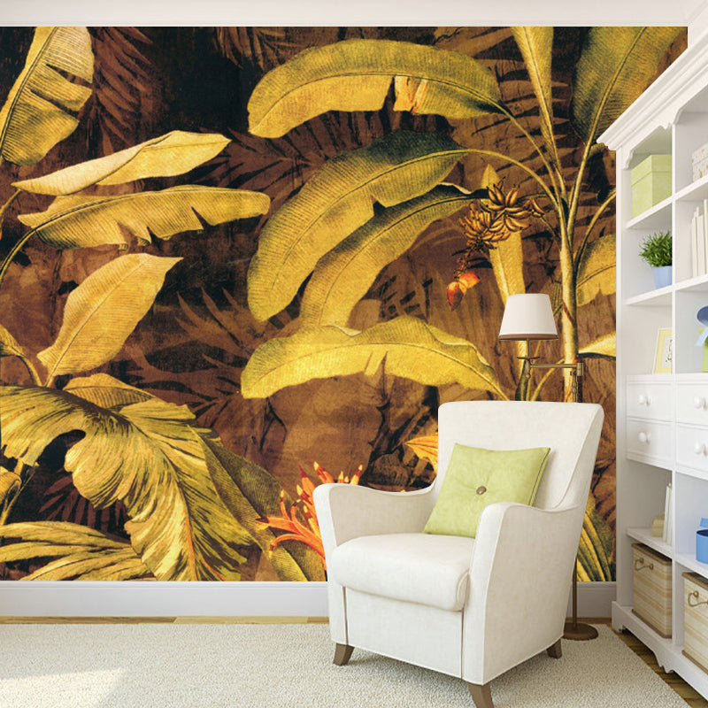 Stain-Proof Wall Covering Murals Tropical Non-Woven Wall Art with Banana Leaves Pattern Brown B Clearhalo 'Wall Decor' 'Wall Mural' 1172585