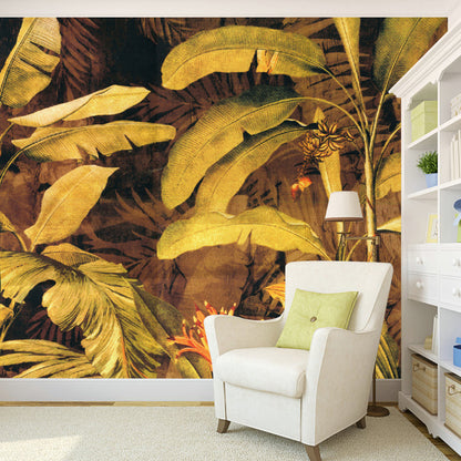 Stain-Proof Wall Covering Murals Tropical Non-Woven Wall Art with Banana Leaves Pattern Brown B Clearhalo 'Wall Decor' 'Wall Mural' 1172585