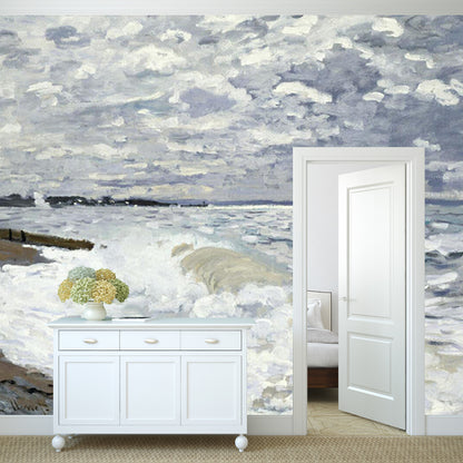 Grey-White Classic Mural Wallpaper Whole Monet Style Sea Painting Wall Decor for Home Gray-White Clearhalo 'Wall Decor' 'Wall Mural' 1172620