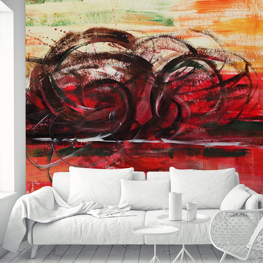 Illustration Abstract Lines Mural Black and Orange Non-Woven Wall Decor with Stain Proof Design
