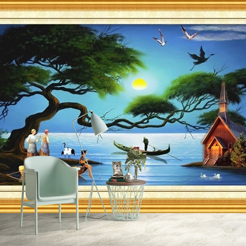 Tropica Night Fishing Mural Wallpaper Blue and Green Stain Resistant Wall  Art for Bedroom