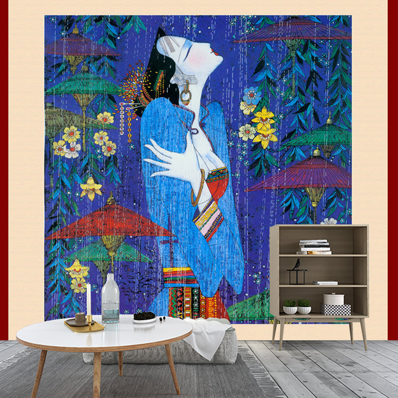 Picasso Style Asian Woman Mural Blue-Green Classical Wall Covering for Living Room Clearhalo 'Wall Decor' 'Wall Mural' 1172747