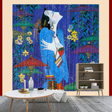 Picasso Style Asian Woman Mural Blue-Green Classical Wall Covering for Living Room Clearhalo 'Wall Decor' 'Wall Mural' 1172747