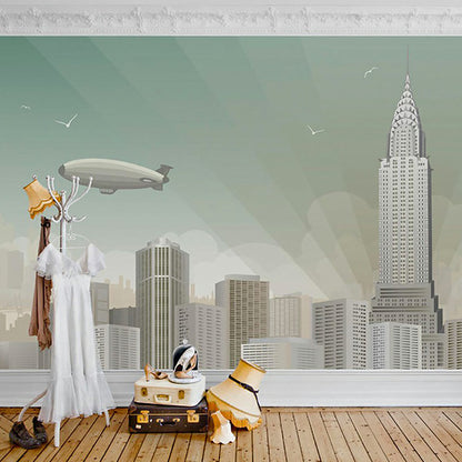 Modern Future City Wall Murals Light-Green Living Room Wall Decoration, Custom Print Light Green Clearhalo 'Wall Decor' 'Wall Mural' 1172775