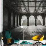 Palace Walkway Wallpaper Mural Black and White Nostalgic Wall Covering for Dining Room
