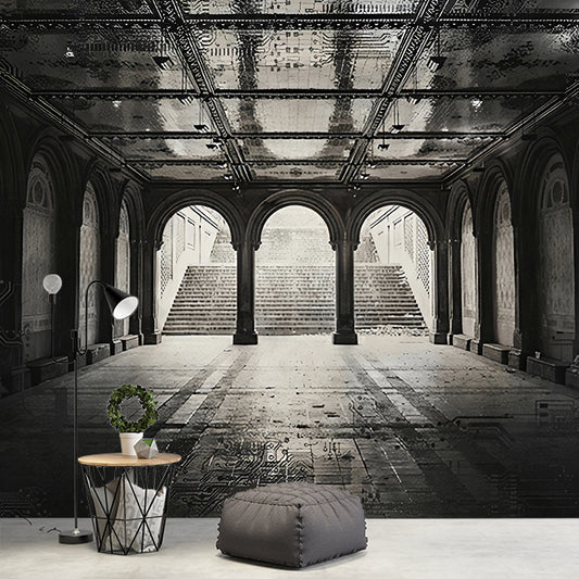 Palace Walkway Wallpaper Mural Black and White Nostalgic Wall Covering for Dining Room