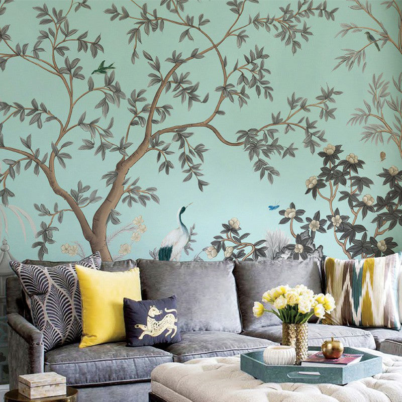 Asian Tree Mural Wallpaper for Bedroom Decoration Custom Wall Art in Pastel Color Turquoise Clearhalo 'Wall Decor' 'Wall Mural' 1172905