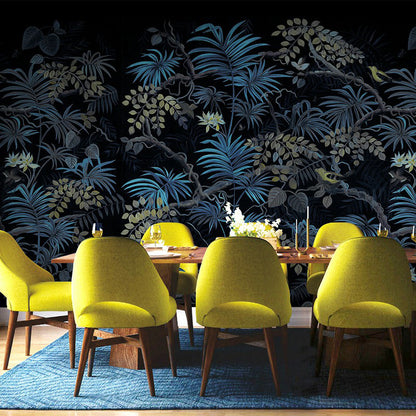 Palm Leaves Wall Paper Murals Tropical Moisture Resistant Dining Room Wall Decor, Customized Size Blue-Black Clearhalo 'Wall Decor' 'Wall Mural' 1172910