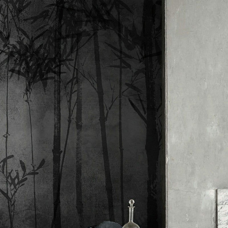 Asia Night Bamboo Forest Murals Grey and Black Dining Room Wall Art, Size Optional Gray-Black Clearhalo 'Wall Decor' 'Wall Mural' 1172935