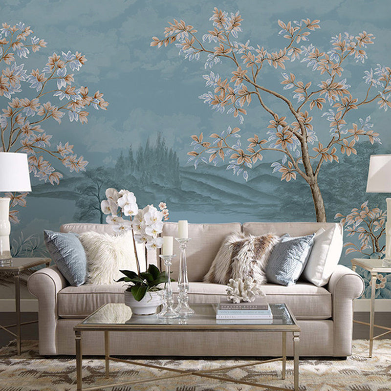 Chinese Lake Scenic Wall Murals Pastel Color Moisture Resistant Wall Covering for Accent Wall Blue Clearhalo 'Wall Decor' 'Wall Mural' 1172940