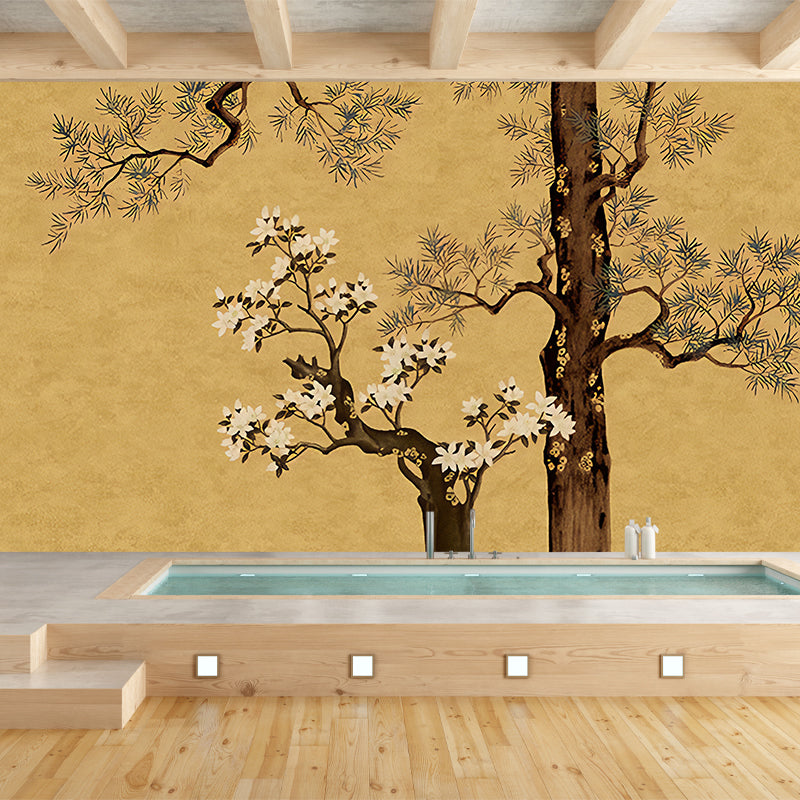 Yellow Oriental Wallpaper Murals Large Pine Branch and Flower Print Wall Art for Family Room Clearhalo 'Wall Decor' 'Wall Mural' 1172966