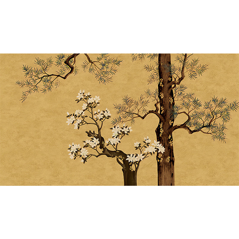 Yellow Oriental Wallpaper Murals Large Pine Branch and Flower Print Wall Art for Family Room Clearhalo 'Wall Decor' 'Wall Mural' 1172968