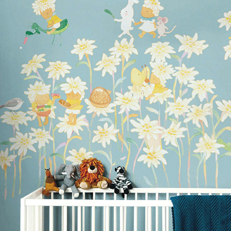 Childrens Art Baby Mural with Fairy Garden Pattern Soft Color Wall Decor for Nursery Blue Clearhalo 'Wall Decor' 'Wall Mural' 1172980