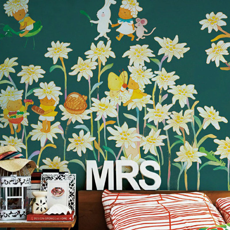 Childrens Art Baby Mural with Fairy Garden Pattern Soft Color Wall Decor for Nursery Blackish Green Clearhalo 'Wall Decor' 'Wall Mural' 1172985