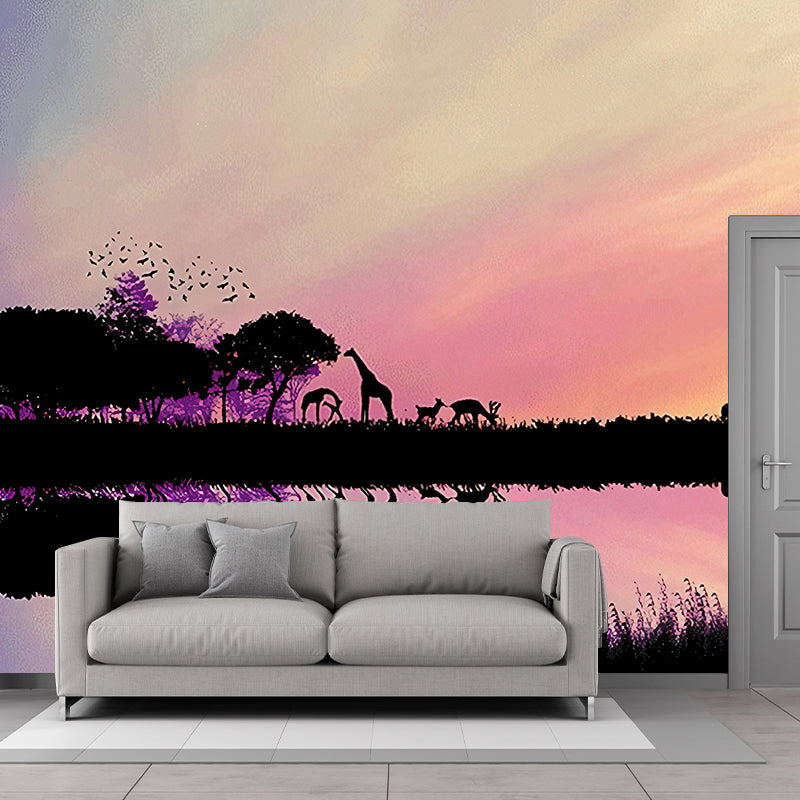 Modern Style Wildlife Wall Mural for Living Room, Large Wall Art in Pastel Color Purple Clearhalo 'Wall Decor' 'Wall Mural' 1173015
