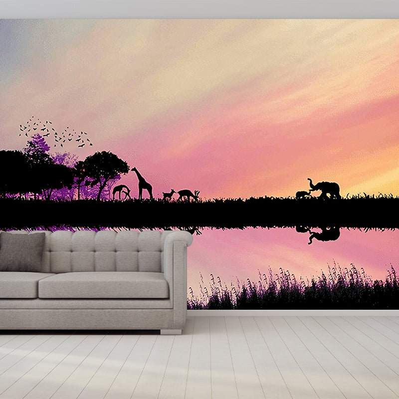 Modern Style Wildlife Wall Mural for Living Room, Large Wall Art in Pastel Color Clearhalo 'Wall Decor' 'Wall Mural' 1173016