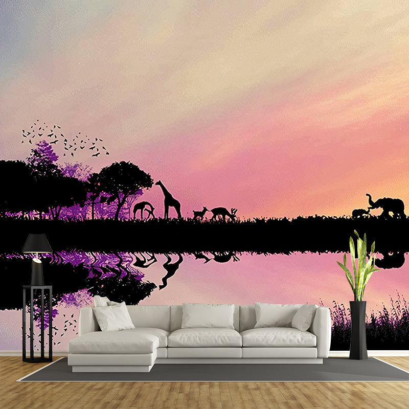 Modern Style Wildlife Wall Mural for Living Room, Large Wall Art in Pastel Color Clearhalo 'Wall Decor' 'Wall Mural' 1173017