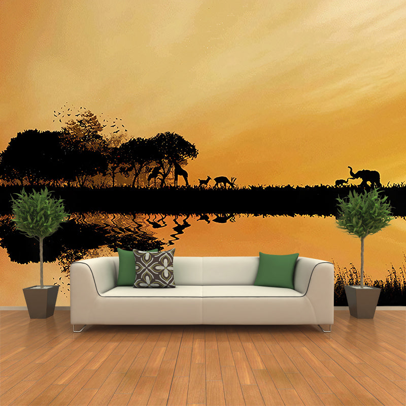 Modern Style Wildlife Wall Mural for Living Room, Large Wall Art in Pastel Color Yellow-Red Clearhalo 'Wall Decor' 'Wall Mural' 1173020