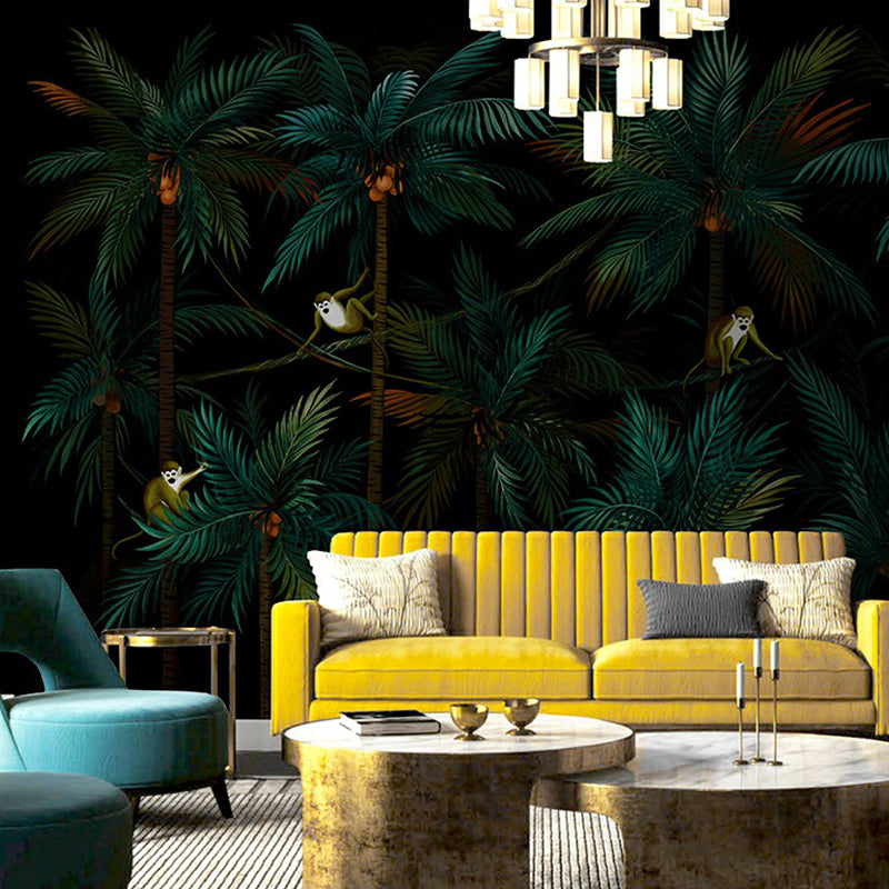 Tropical Coconut Jungle Wall Murals Dark Color Living Room Wall Decoration, Custom Size Blue Clearhalo 'Wall Decor' 'Wall Mural' 1173035