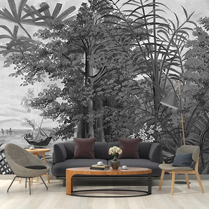 Plants Mural Wallpaper Pastel Color Tropix Wall Art for Living Room Decoration, Large Gray-White Clearhalo 'Wall Decor' 'Wall Mural' 1173055