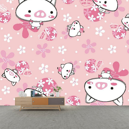 Pink Cat and Pig Murals Cartoon Childrens Art Stain-Proof Wall Covering for Baby Room Pink Clearhalo 'Wall Decor' 'Wall Mural' 1173105
