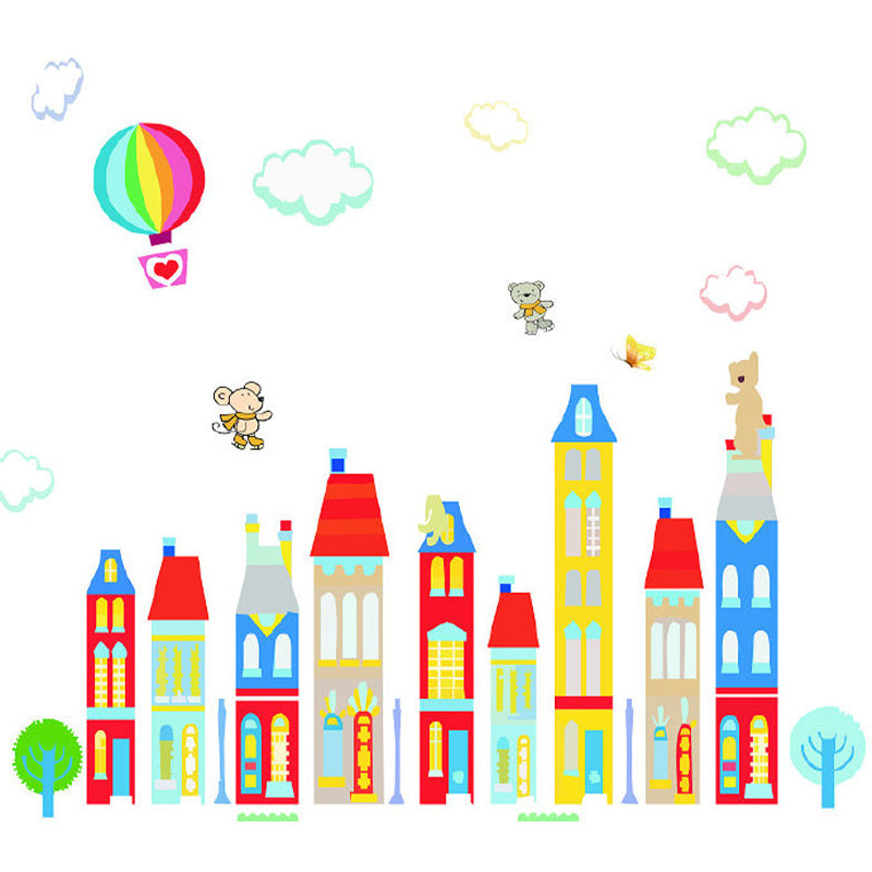 Cartoon Fantasy Houses Wall Mural Pastel Color Stain-Resistant Wall Decor for Kindergarten Clearhalo 'Wall Decor' 'Wall Mural' 1173118