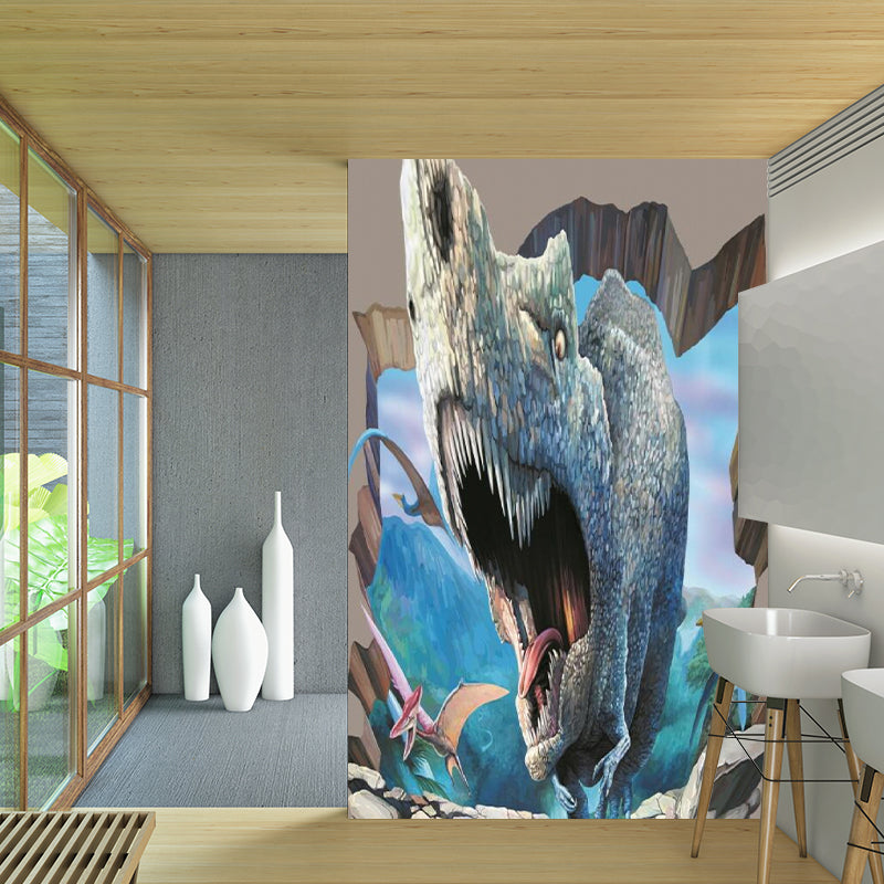 Childrens Art Roaring Dinosaur Mural for Boys Bedroom Personalized Wall Art in Blue-Brown Blue-Brown Clearhalo 'Wall Decor' 'Wall Mural' 1173150