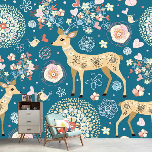 Yellow-Blue Sika Deer Murals Animal Childrens Art Moisture Resistant Wall Decor for Nursery Clearhalo 'Wall Decor' 'Wall Mural' 1173237