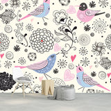 Large Bird and Flower Mural Black-Pink Non-Woven Wall Art, Stain Resistant, Personalized Size Clearhalo 'Wall Decor' 'Wall Mural' 1173241