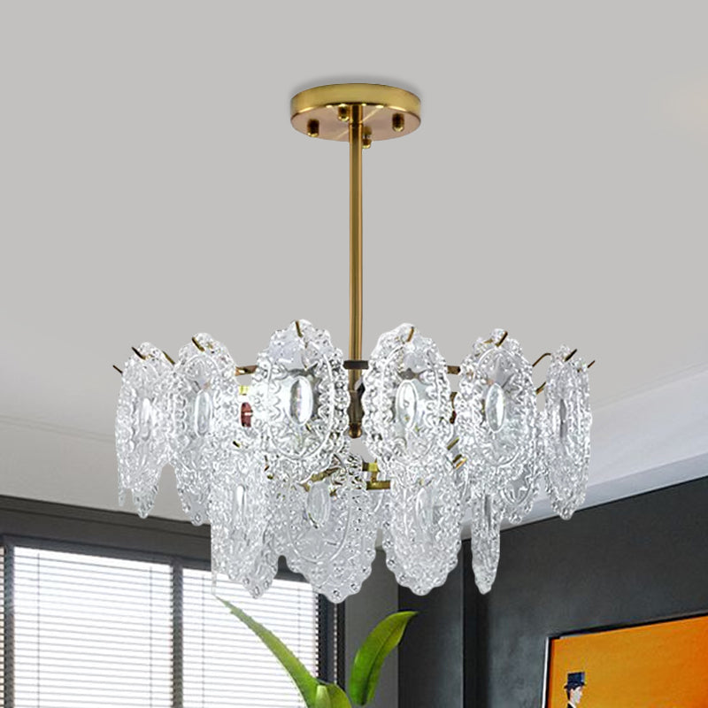 Layered Bedroom Chandelier Lamp Modern Clear Scalloped Glass 4/6 Bulbs Gold Hanging Light Fixture 6 Clear Clearhalo 'Ceiling Lights' 'Chandeliers' 'Clear' 'Industrial' 'Modern Chandeliers' 'Modern' 'Tiffany' 'Traditional Chandeliers' Lighting' 1173657