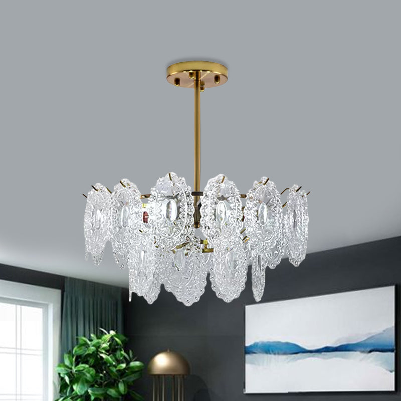 Layered Bedroom Chandelier Lamp Modern Clear Scalloped Glass 4/6 Bulbs Gold Hanging Light Fixture Clearhalo 'Ceiling Lights' 'Chandeliers' 'Clear' 'Industrial' 'Modern Chandeliers' 'Modern' 'Tiffany' 'Traditional Chandeliers' Lighting' 1173658