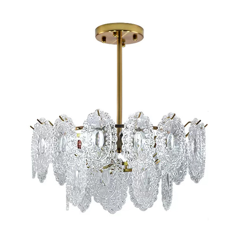 Layered Bedroom Chandelier Lamp Modern Clear Scalloped Glass 4/6 Bulbs Gold Hanging Light Fixture Clearhalo 'Ceiling Lights' 'Chandeliers' 'Clear' 'Industrial' 'Modern Chandeliers' 'Modern' 'Tiffany' 'Traditional Chandeliers' Lighting' 1173659