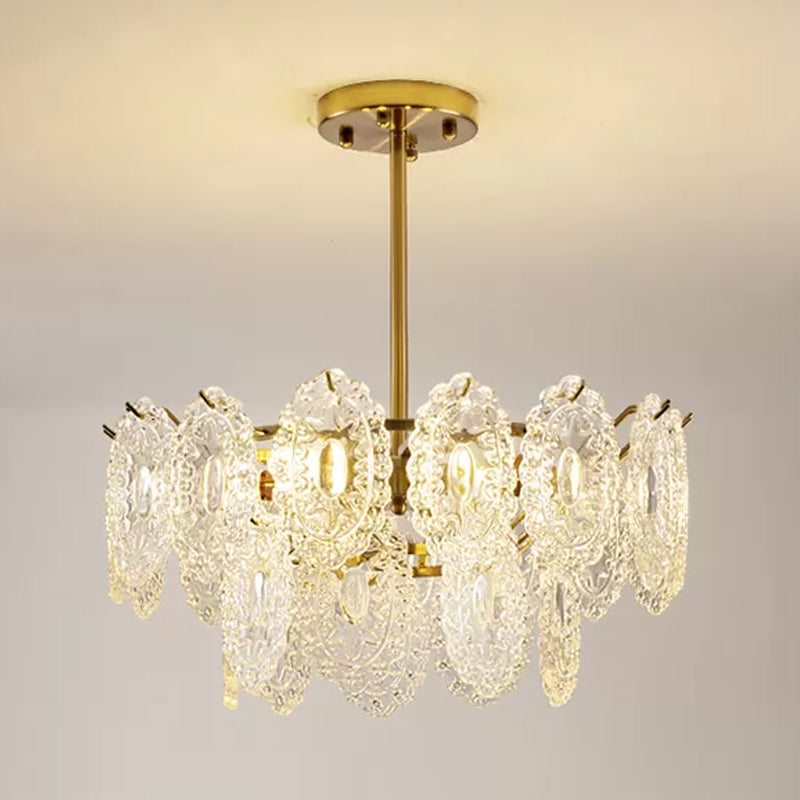 Layered Bedroom Chandelier Lamp Modern Clear Scalloped Glass 4/6 Bulbs Gold Hanging Light Fixture Clearhalo 'Ceiling Lights' 'Chandeliers' 'Clear' 'Industrial' 'Modern Chandeliers' 'Modern' 'Tiffany' 'Traditional Chandeliers' Lighting' 1173660