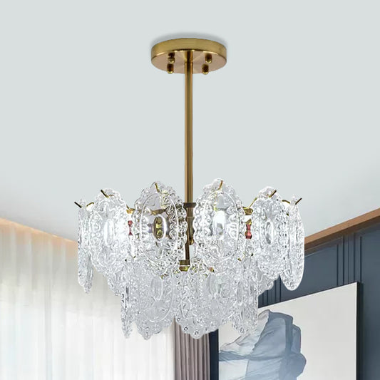 Layered Bedroom Chandelier Lamp Modern Clear Scalloped Glass 4/6 Bulbs Gold Hanging Light Fixture 4 Clear Clearhalo 'Ceiling Lights' 'Chandeliers' 'Clear' 'Industrial' 'Modern Chandeliers' 'Modern' 'Tiffany' 'Traditional Chandeliers' Lighting' 1173662
