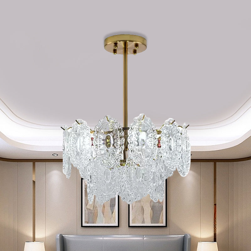 Layered Bedroom Chandelier Lamp Modern Clear Scalloped Glass 4/6 Bulbs Gold Hanging Light Fixture Clearhalo 'Ceiling Lights' 'Chandeliers' 'Clear' 'Industrial' 'Modern Chandeliers' 'Modern' 'Tiffany' 'Traditional Chandeliers' Lighting' 1173663