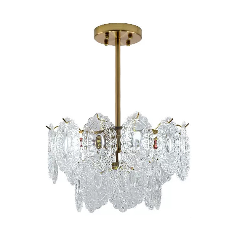 Layered Bedroom Chandelier Lamp Modern Clear Scalloped Glass 4/6 Bulbs Gold Hanging Light Fixture Clearhalo 'Ceiling Lights' 'Chandeliers' 'Clear' 'Industrial' 'Modern Chandeliers' 'Modern' 'Tiffany' 'Traditional Chandeliers' Lighting' 1173664