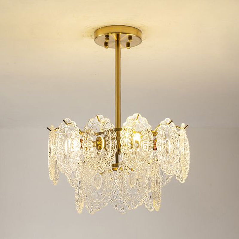 Layered Bedroom Chandelier Lamp Modern Clear Scalloped Glass 4/6 Bulbs Gold Hanging Light Fixture Clearhalo 'Ceiling Lights' 'Chandeliers' 'Clear' 'Industrial' 'Modern Chandeliers' 'Modern' 'Tiffany' 'Traditional Chandeliers' Lighting' 1173665