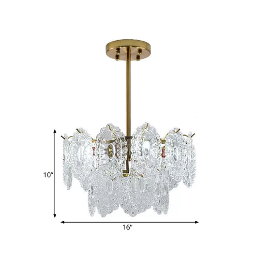 Layered Bedroom Chandelier Lamp Modern Clear Scalloped Glass 4/6 Bulbs Gold Hanging Light Fixture Clearhalo 'Ceiling Lights' 'Chandeliers' 'Clear' 'Industrial' 'Modern Chandeliers' 'Modern' 'Tiffany' 'Traditional Chandeliers' Lighting' 1173666