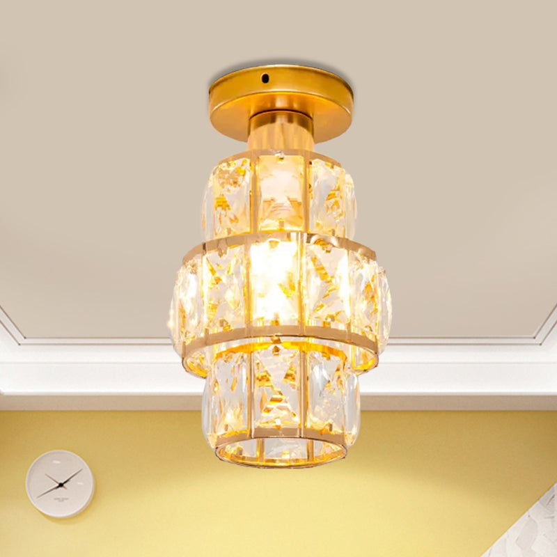 Single Beveled Crystal Inlaid Flush Light Traditional Gold Cylindrical Foyer Semi Flush Mounted Lamp Gold Clearhalo 'Ceiling Lights' 'Close To Ceiling Lights' 'Close to ceiling' 'Semi-flushmount' Lighting' 1173672