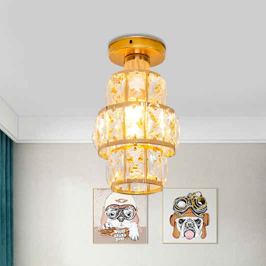 Single Beveled Crystal Inlaid Flush Light Traditional Gold Cylindrical Foyer Semi Flush Mounted Lamp Clearhalo 'Ceiling Lights' 'Close To Ceiling Lights' 'Close to ceiling' 'Semi-flushmount' Lighting' 1173673